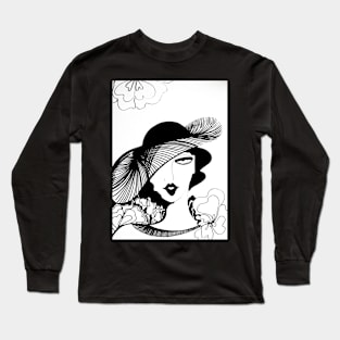 OP ART DECO SEVENTIES POSTER PRINT LADY WITH HAT  BLACK WHITE Long Sleeve T-Shirt